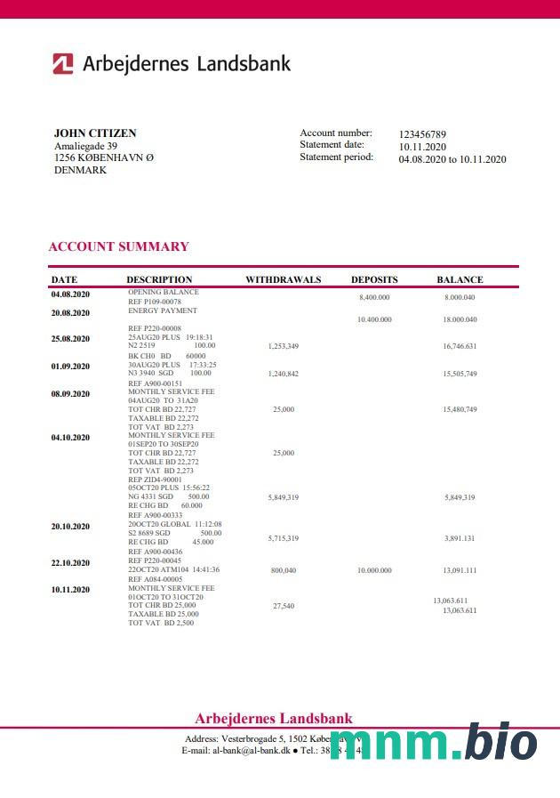 Dania Arbejdernes Landsbank wyciąg bankowy łatwy do wypełnienia szablon w formacie Excel i PDF